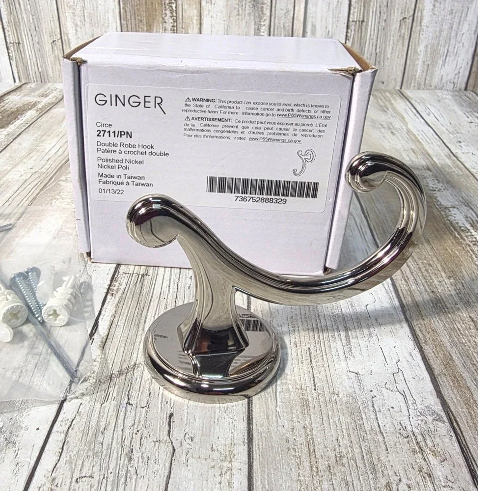 Ginger Circe Double Robe Hook Polished Nickel Wall Mount New Polished Chrome